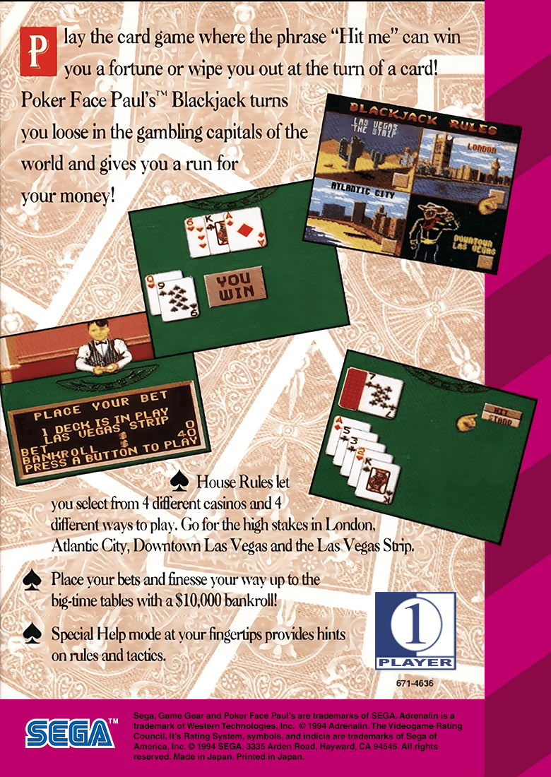 Poker Face Paul's Blackjack - Sega Game Gear