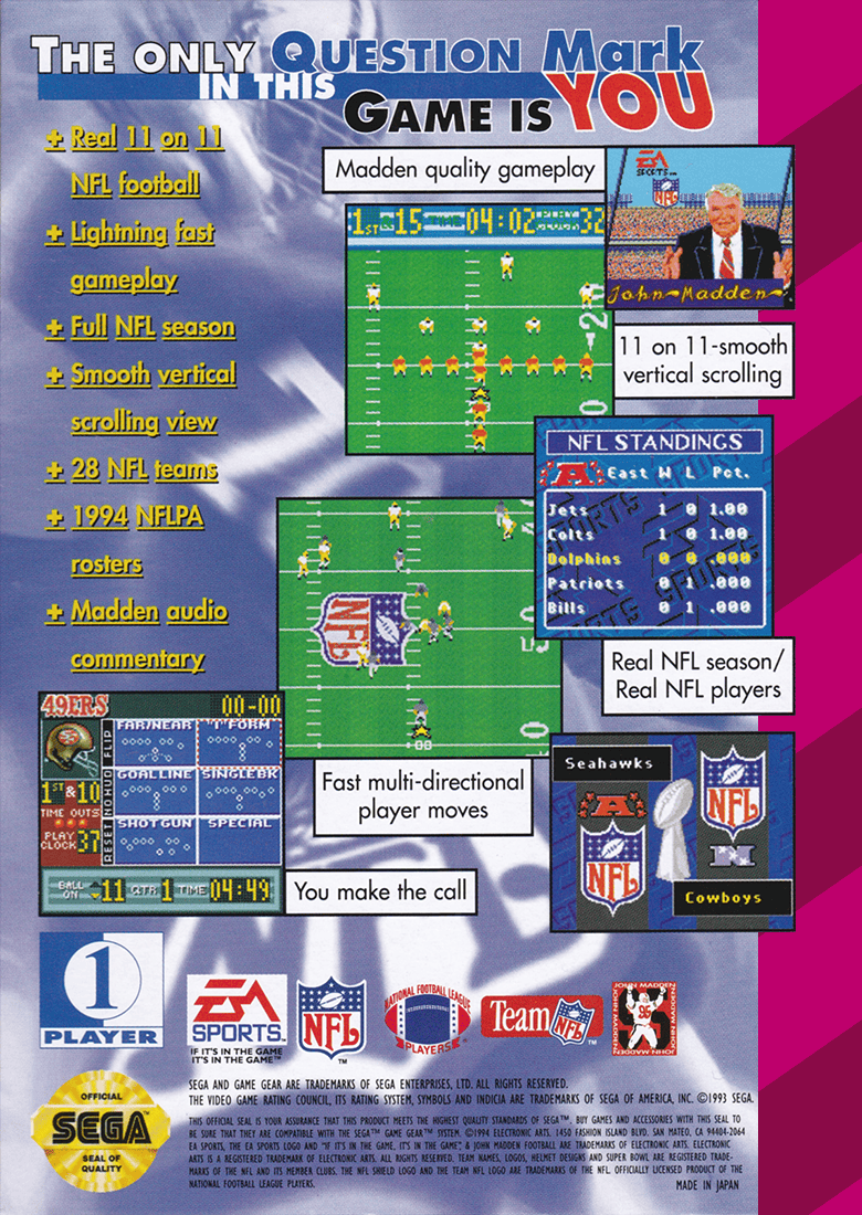 Madden 95 - Sega Game Gear