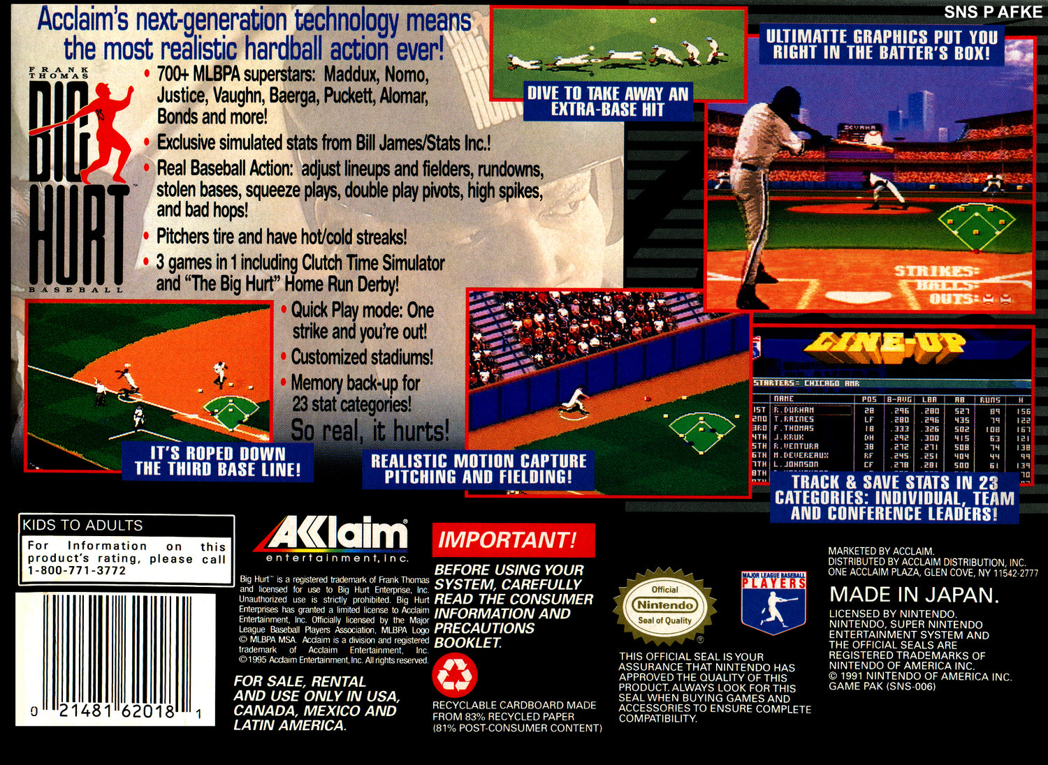 Frank Thomas Big Hurt Baseball - Super Nintendo