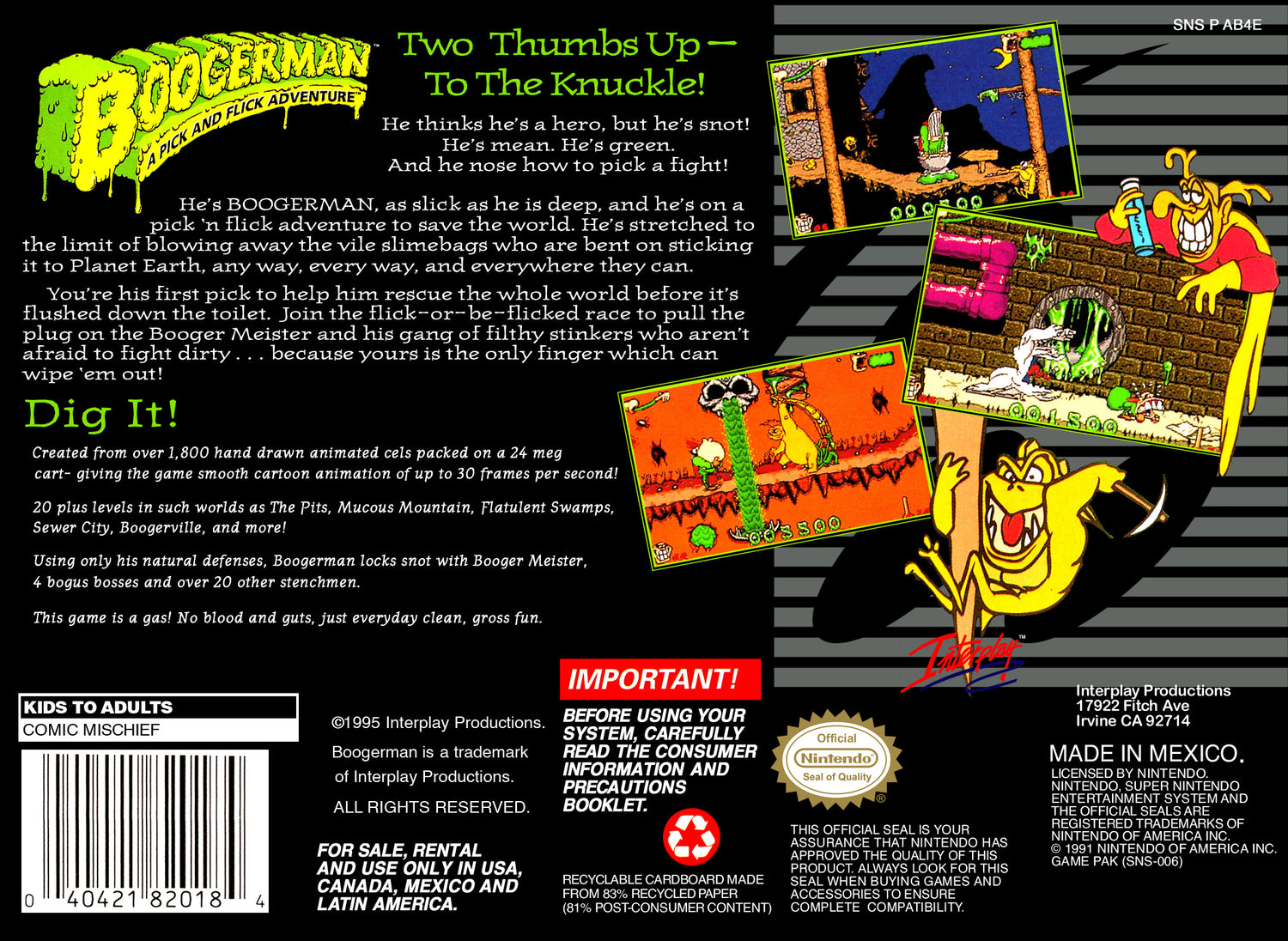 Boogerman A Pick and Flick Adventure - Super Nintendo