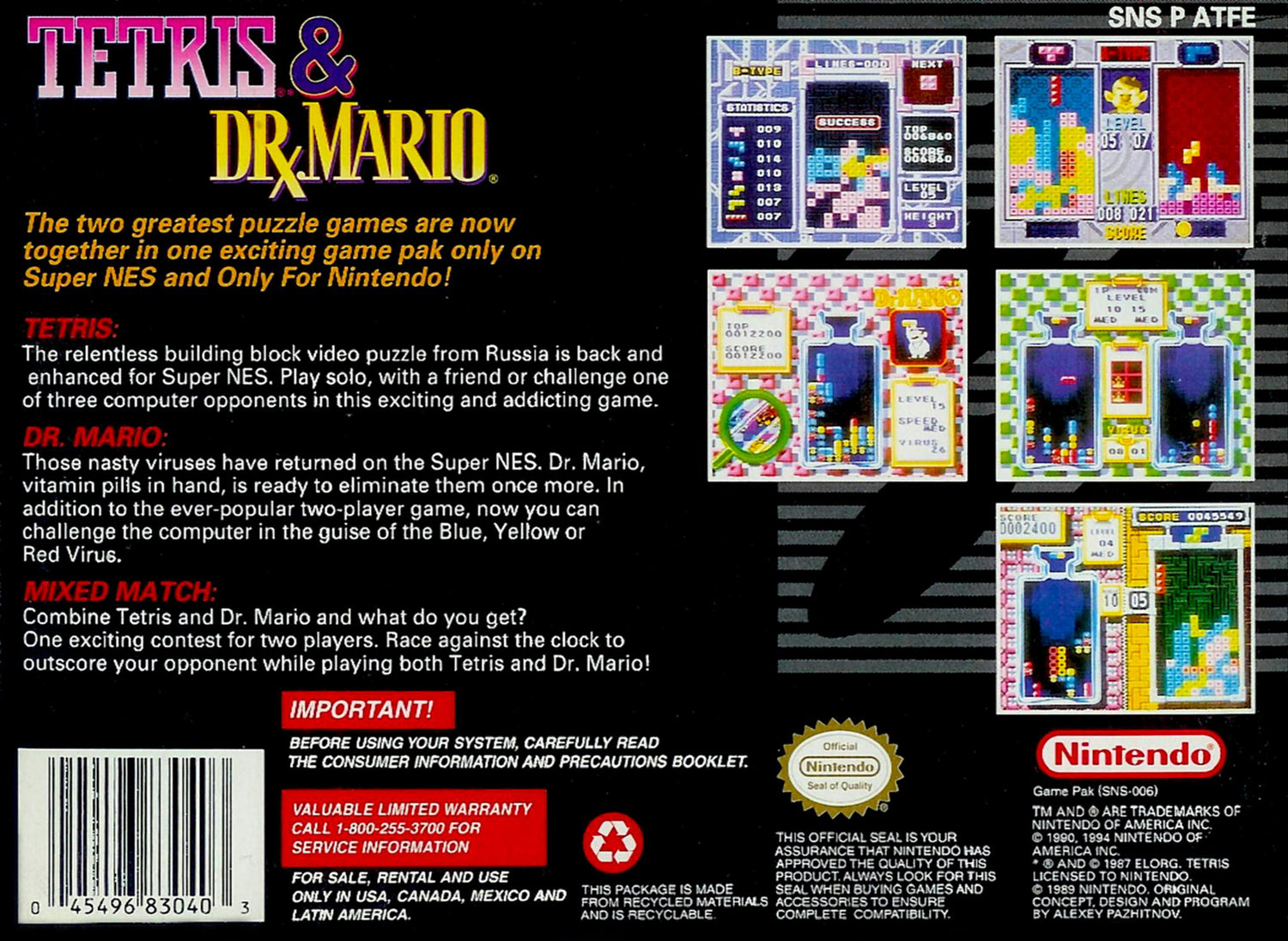 Tetris and Dr. Mario [Player's Choice] - Super Nintendo