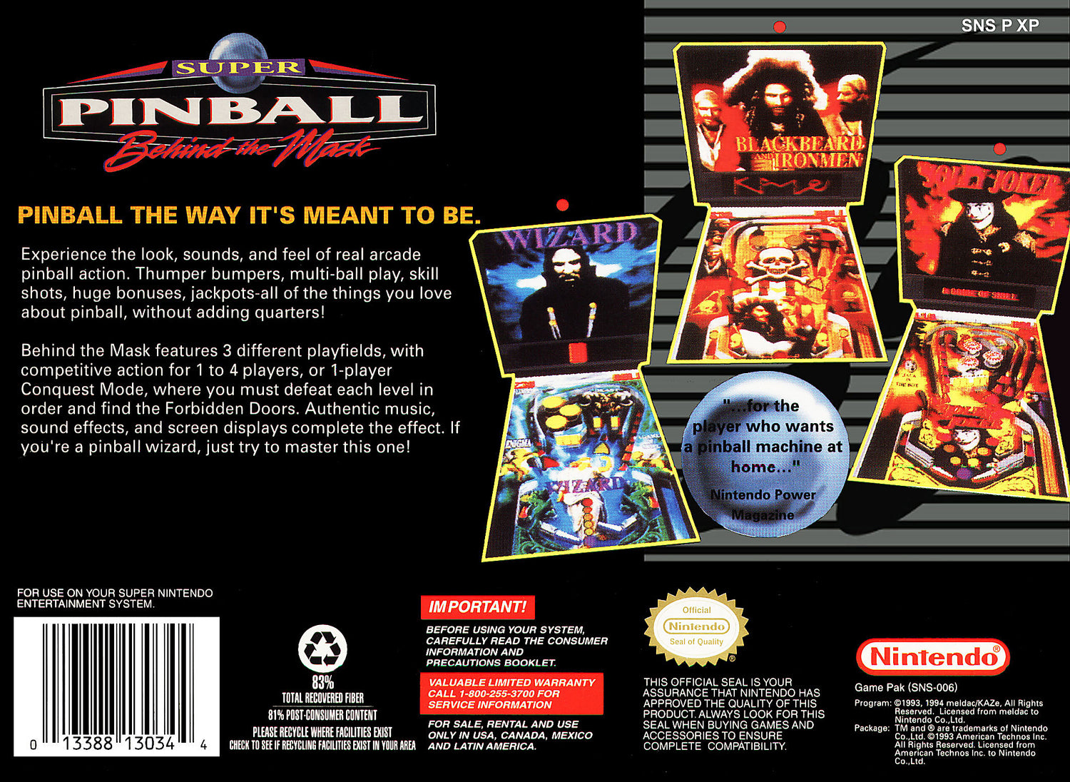Super Pinball Behind the Mask - Super Nintendo