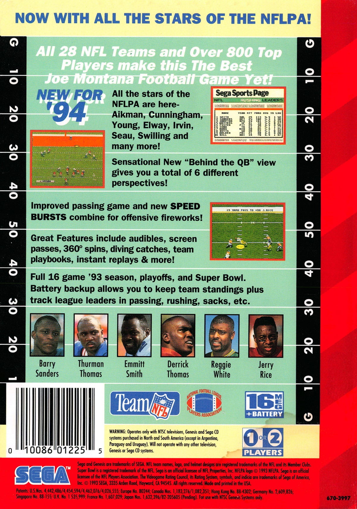 Fútbol americano de la NFL '94 protagonizado por Joe Montana - Sega Genesis
