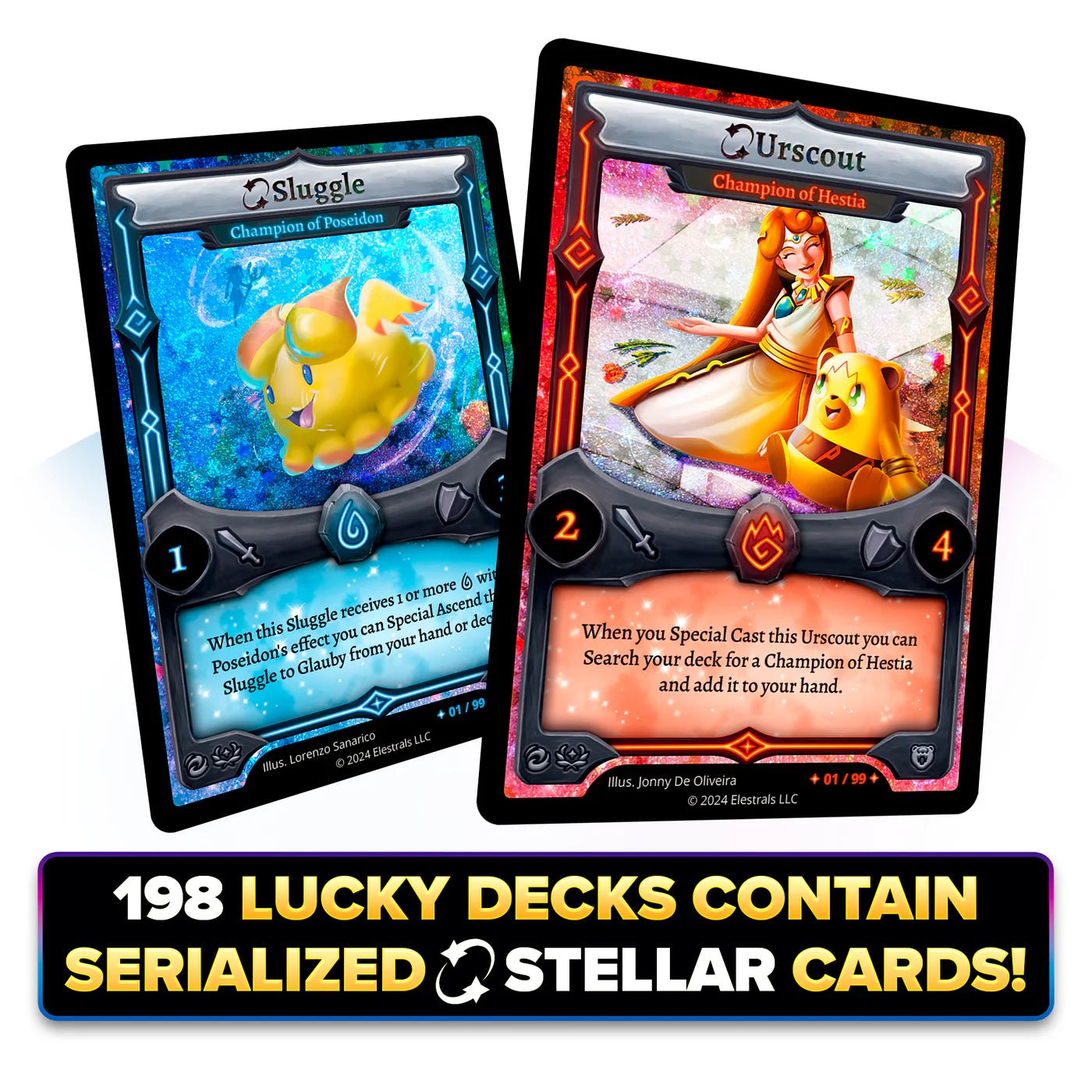 Elestrals Trading Card Game: Firestorm Hestia vs. Poseidon Double Starter Deck Bundle with 4 Packs - Retro Island Gaming