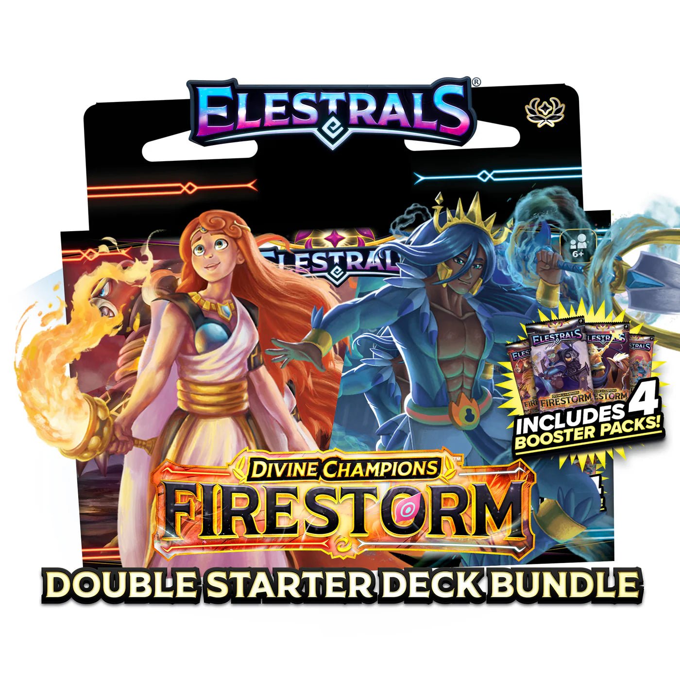 Elestrals Trading Card Game: Firestorm Hestia vs. Poseidon Double Starter Deck Bundle with 4 Packs - Retro Island Gaming