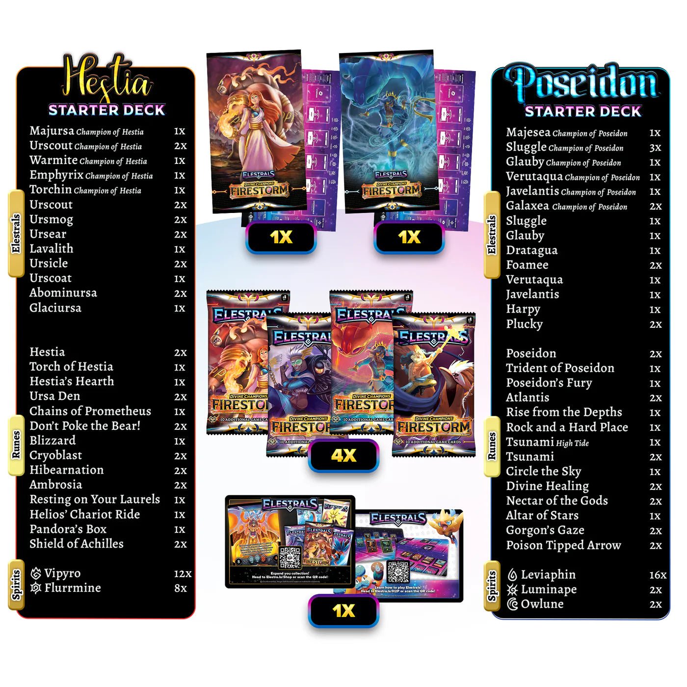 Elestrals Trading Card Game: Firestorm Hestia vs. Poseidon Double Starter Deck Bundle with 4 Packs - Retro Island Gaming