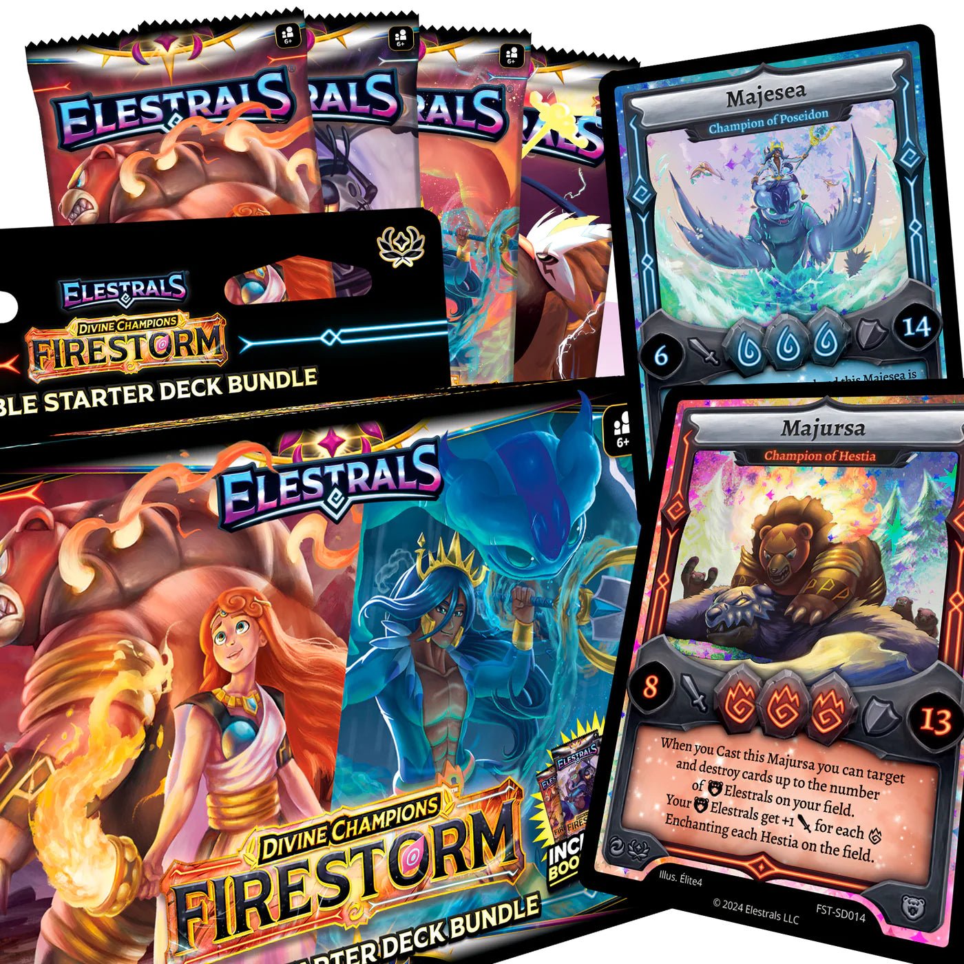 Elestrals Trading Card Game: Firestorm Hestia vs. Poseidon Double Starter Deck Bundle with 4 Packs - Retro Island Gaming