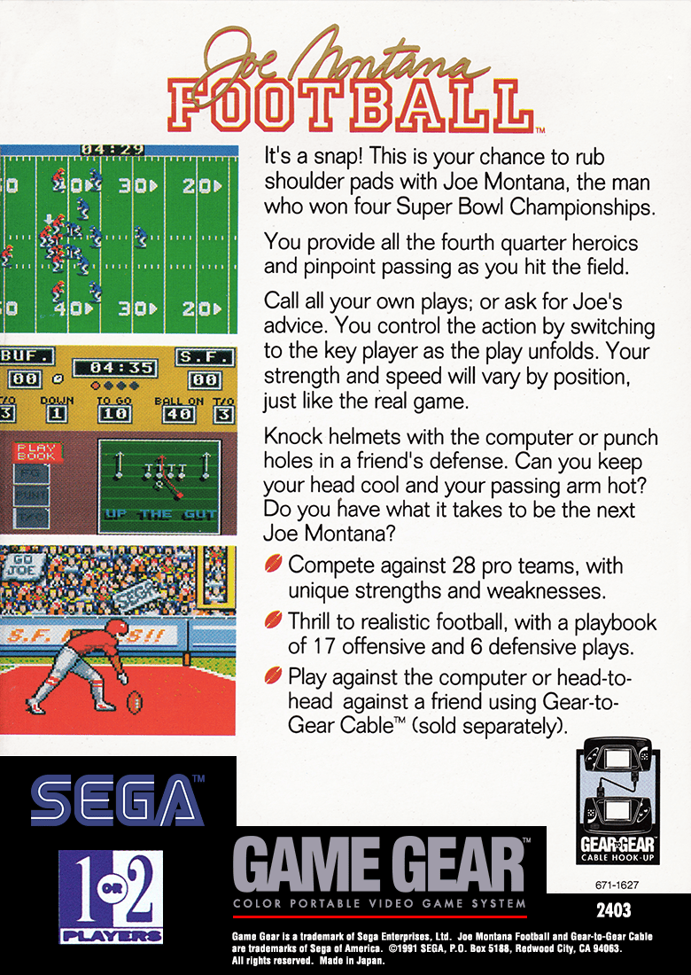 Joe Montana Football - Sega Game Gear